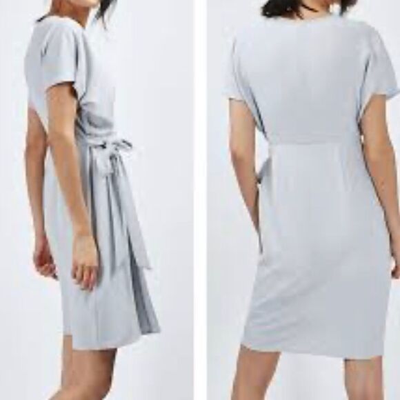 TOPSHOP Kimono Style Stretch Crepe Short Sleeve Wrap Midi Sheath Dress Ice Blue - Picture 2 of 7